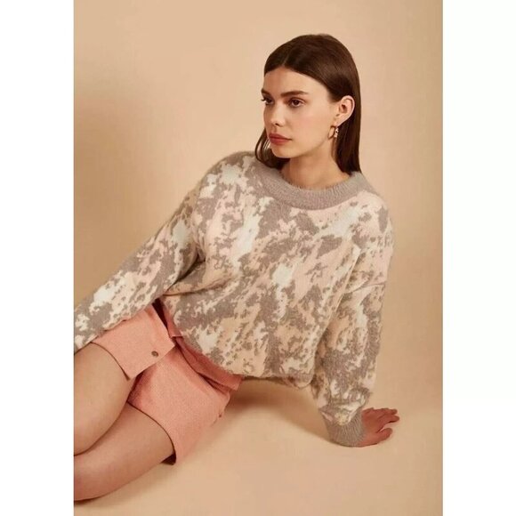 FRNCH Paris Sweater Womens S/M Nadera Fuzzy Crew Neck Knit Gray White‎ Soft Cozy - Picture 1 of 12